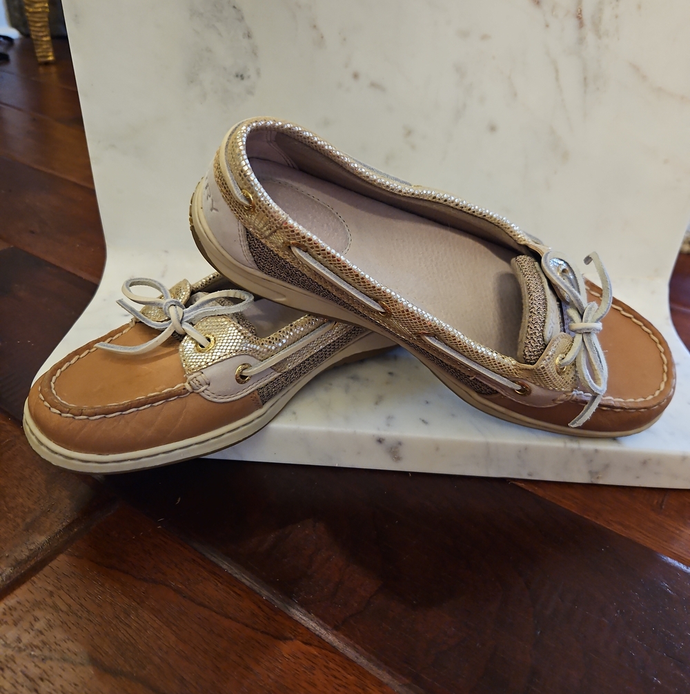 Sperry Tan and Gold Boat Moccasin Loafers
